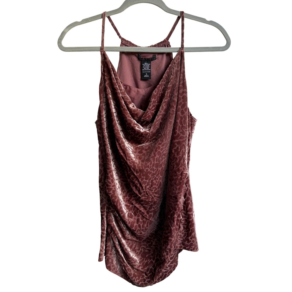 Y2K Halter‎ Top Leopard Print Cowl Neck Crushed Velvet Small Mauve Going Out Top